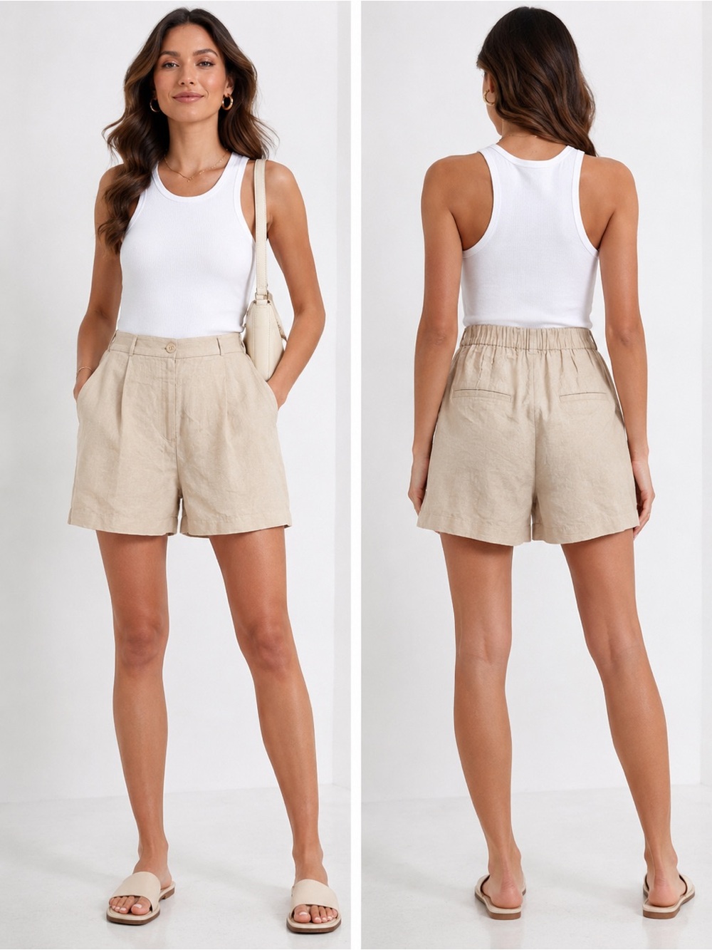 High-Rise Beige Linen-Blend Bermuda Shorts